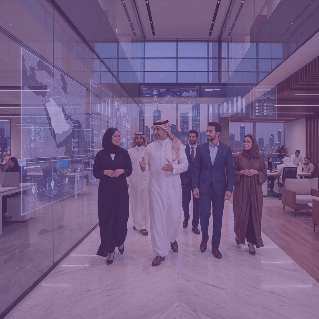 Saee consultants walking through a modern Saudi office