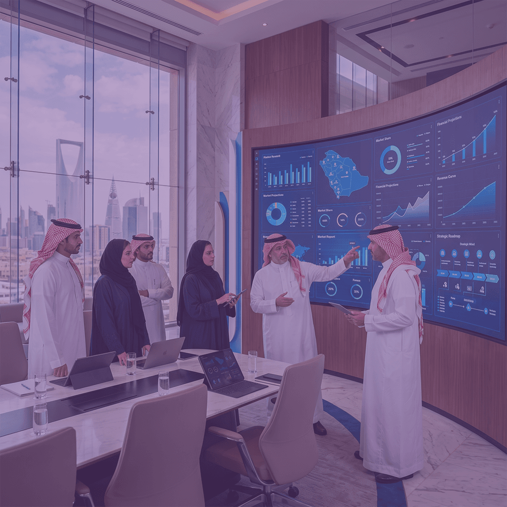 Saudi executives reviewing strategic planning data during expansion