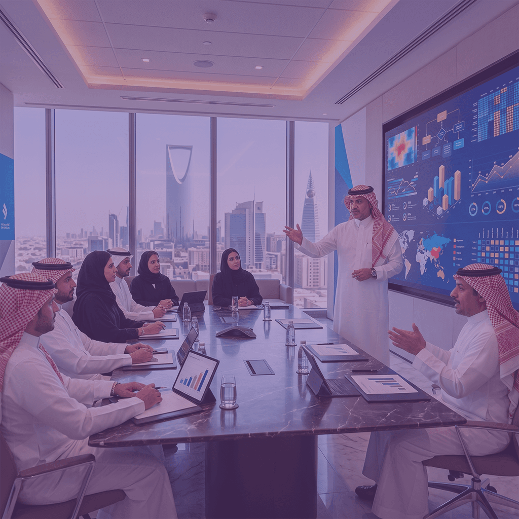 Strategic planning execution meeting with a view of Riyadh's skyline