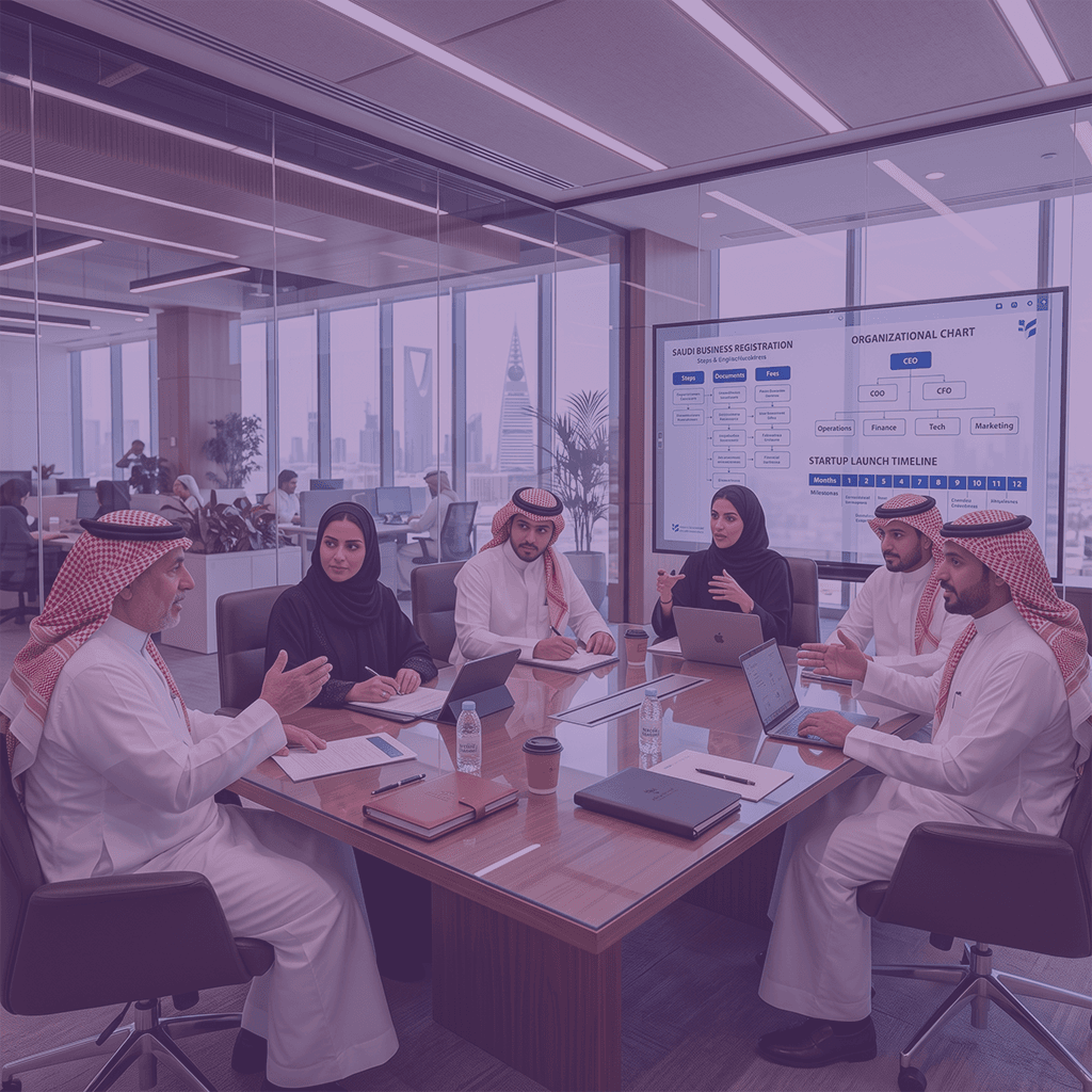 Saudi business team reviewing registration steps and an organizational chart