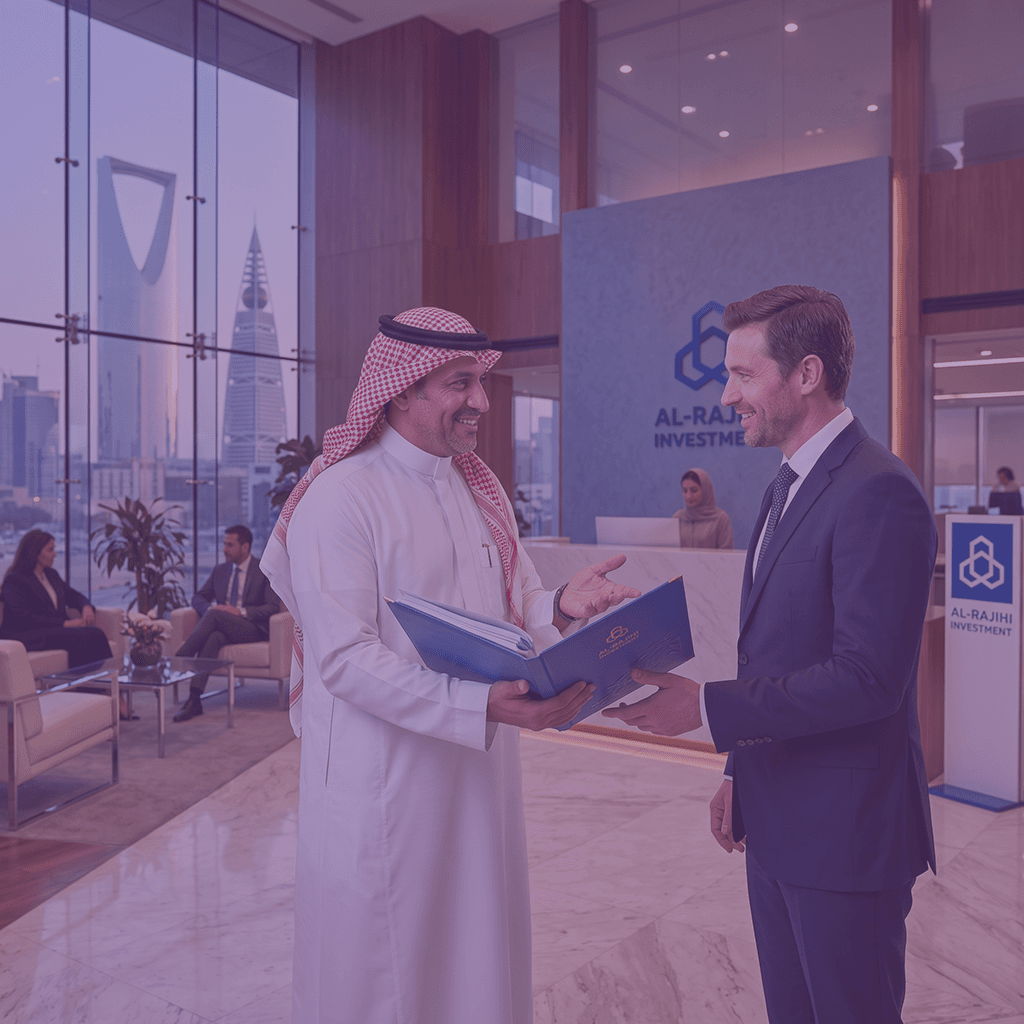 Business partners shaking hands at a Riyadh investment office