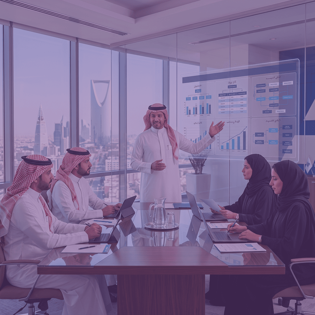 Saudi executive presenting a salary structure dashboard to his team in Riyadh