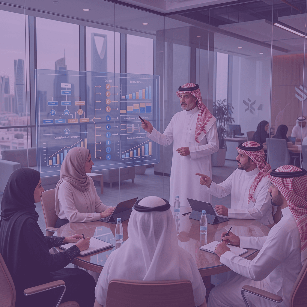 Saudi consultant explaining a job grading pyramid and salary bands chart