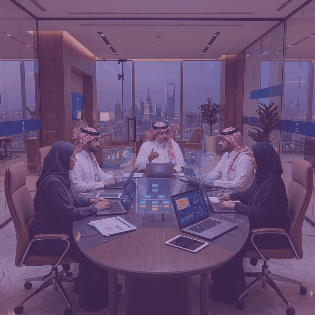 Saudi leadership team reviewing change-management data around a boardroom table