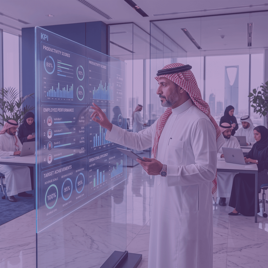 Saudi executive presenting a KPI performance evaluation dashboard to his team