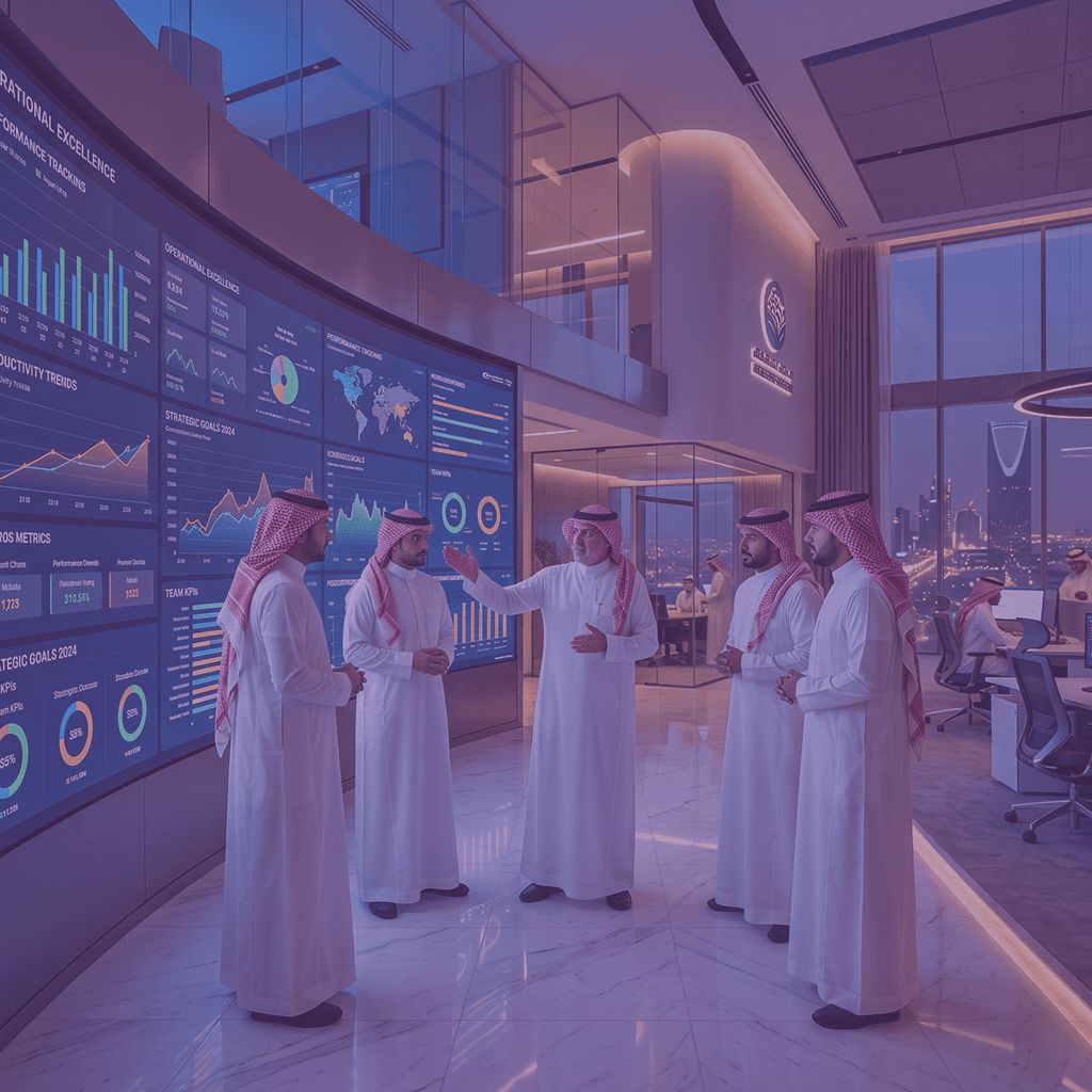 Saudi executives reviewing operational excellence KPI dashboards on a digital wall